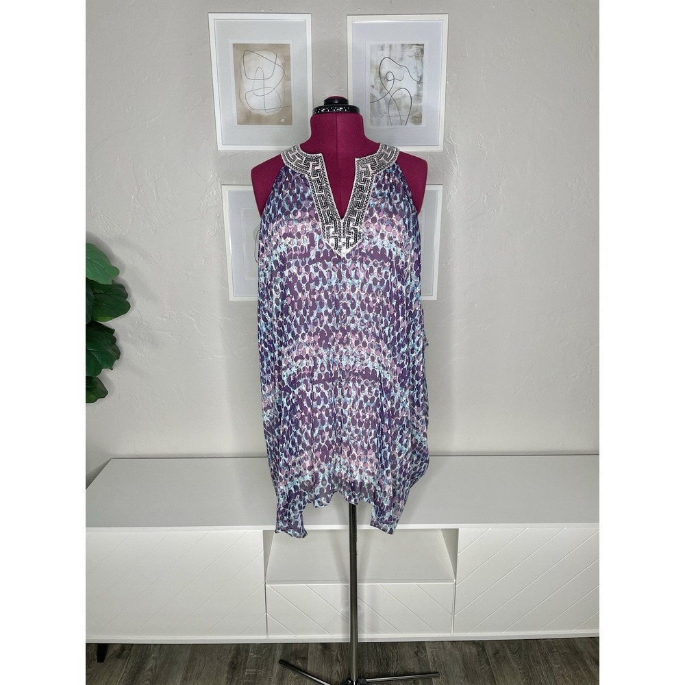 Free People Tunic Top Women L Silver Sequin Multicolor Sleeveless Halter Chiffon